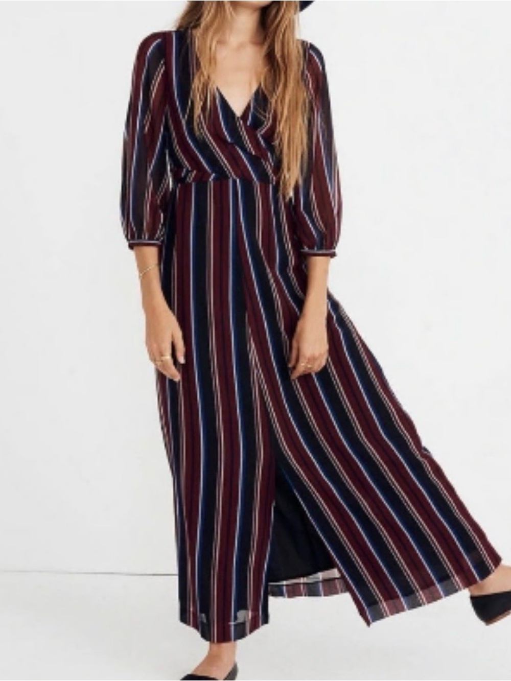 003 MADEWELL Women’s Wrap-Around Striped Maxi Dress - Burgundy/ Black, Large